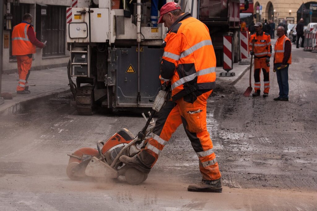 road construction, construction worker, teersäge, renovation, rehabilitation, workwear, safety clothing, helmet, warning color, noise, noise pollution, dust, fine particle pollution, orange, road construction, road construction, road construction, road construction, road construction, construction worker, construction worker, noise, noise, noise, noise pollution